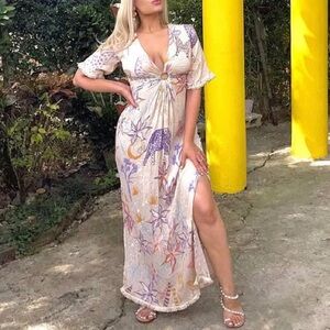 Z&L Europe V Neck Oatmeal Safari Open Back Maxi Dress